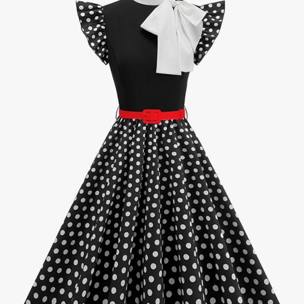 Black & White Polka Dot Fit-and-Flare Dress with Red Belt
